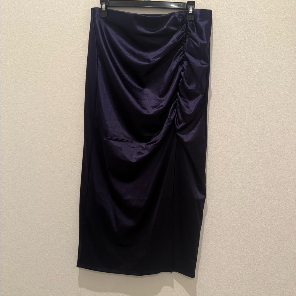 Purple 2 piece set from express one shoulder blouse and rouched skirt.